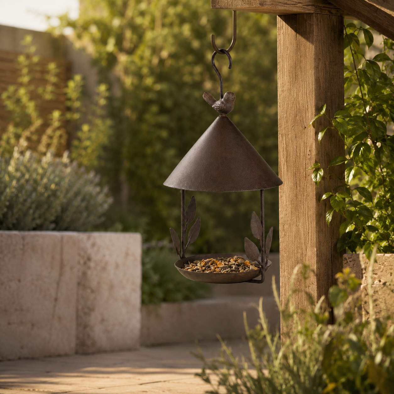 Iron bird feeder in a premium patio garden