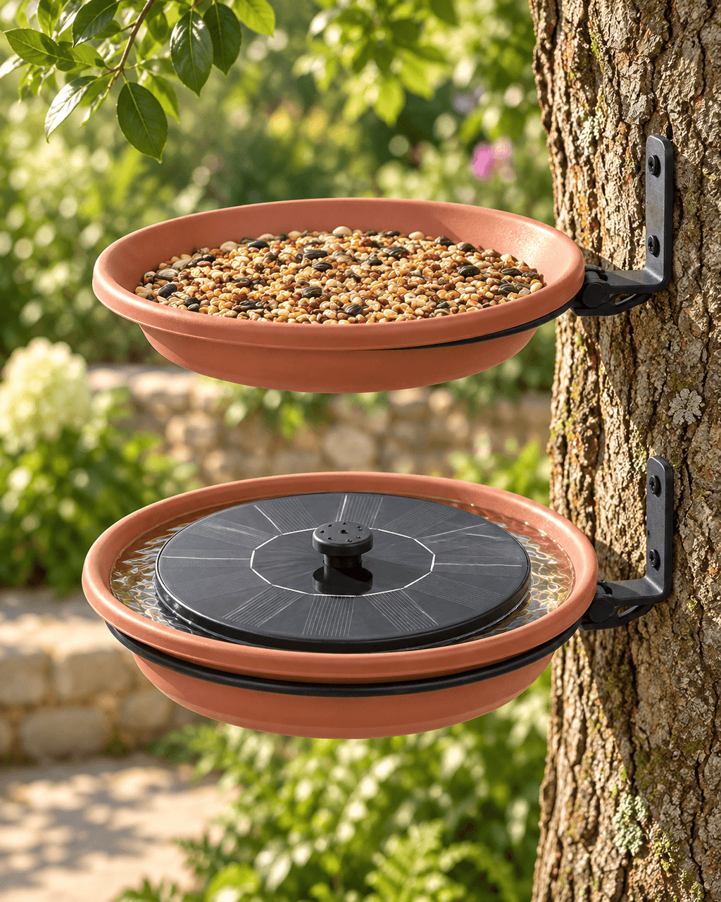 Illustrative wall-mounted bird bath and separate solar fountain; not to scale