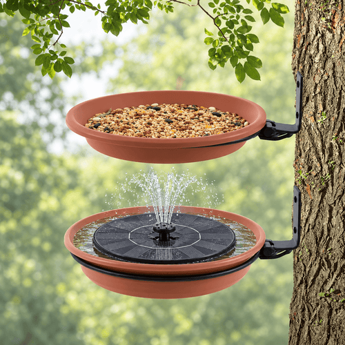 Wall-mounted 20 cm bird bath with 16.5 cm solar fountain nearly filling the lower bowl