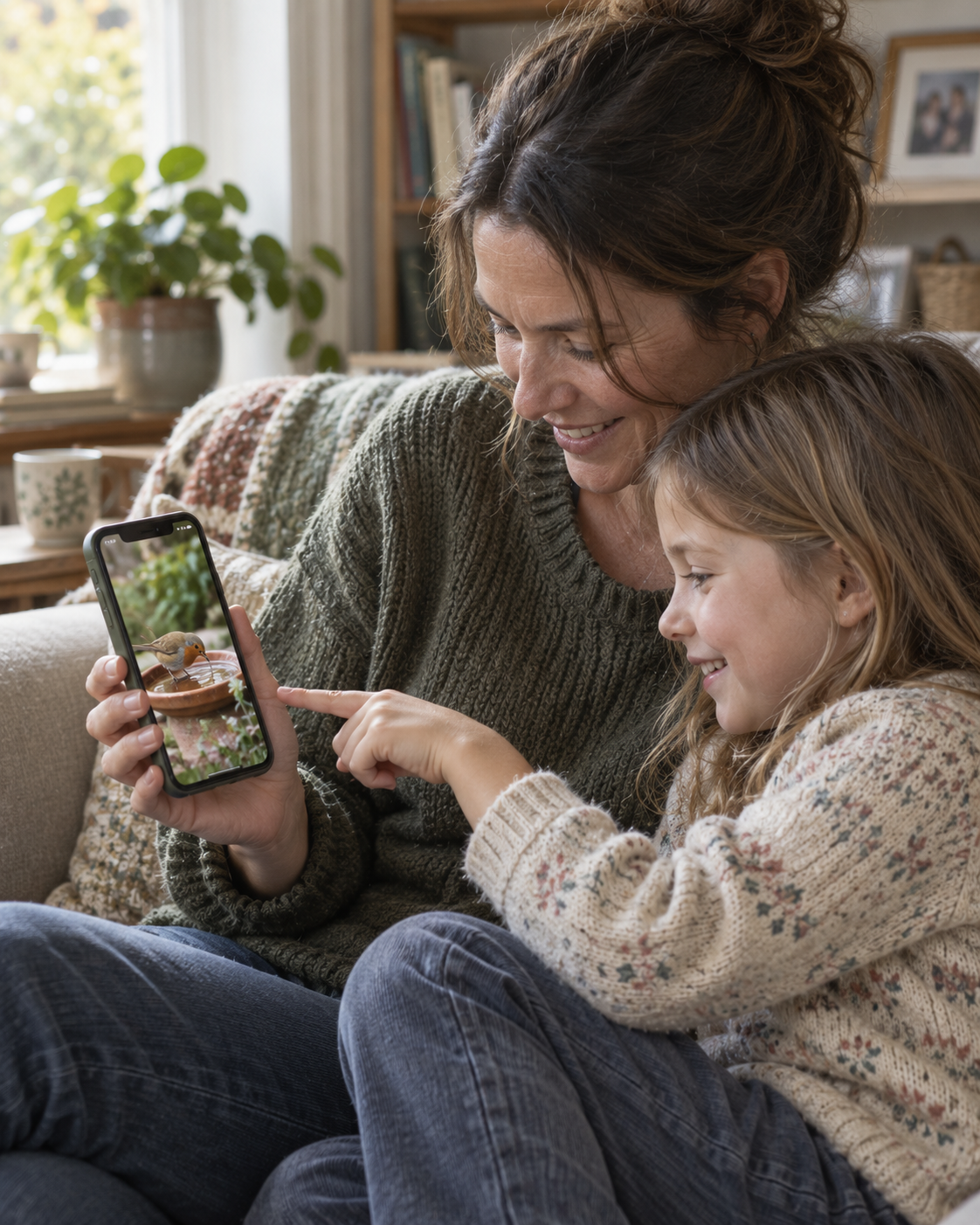 Parent and child viewing a visiting bird through the compatible camera app