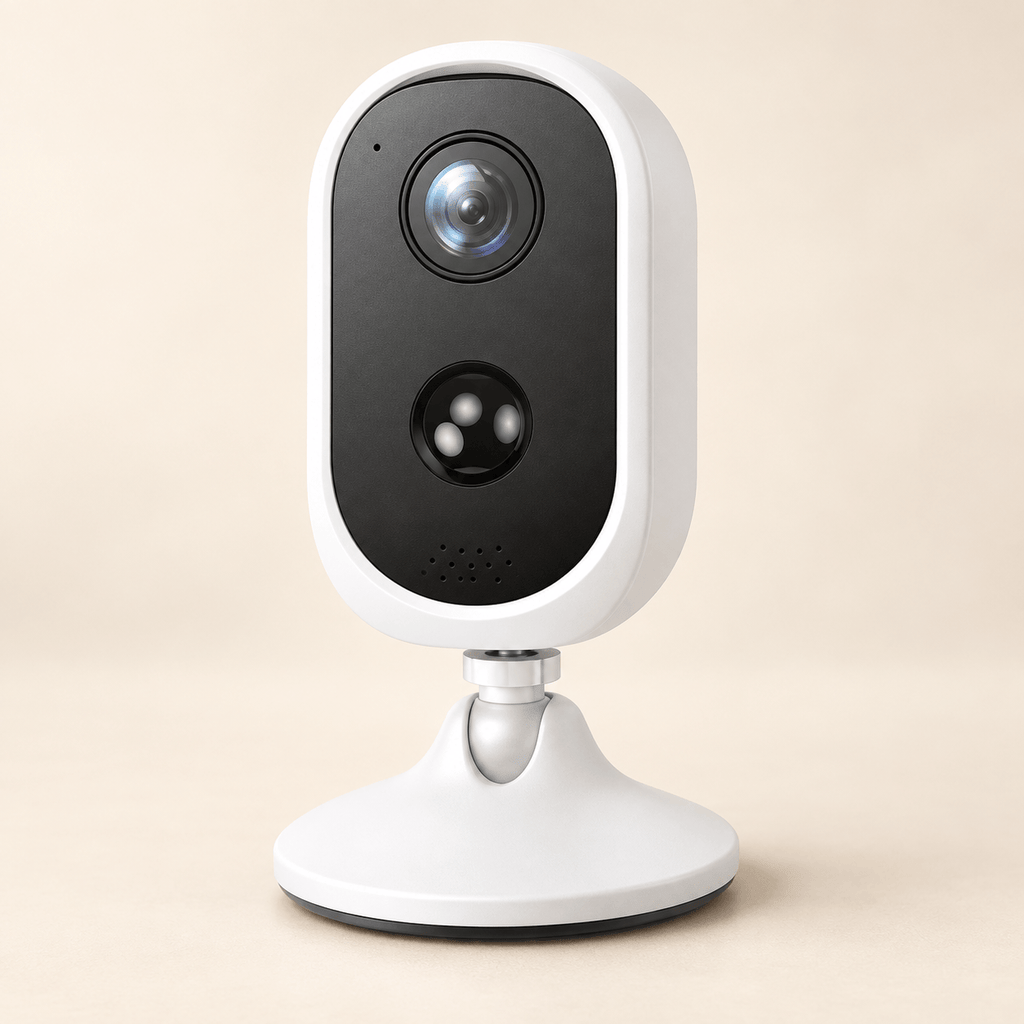 Rechargeable 1080P outdoor camera on a warm ivory studio background