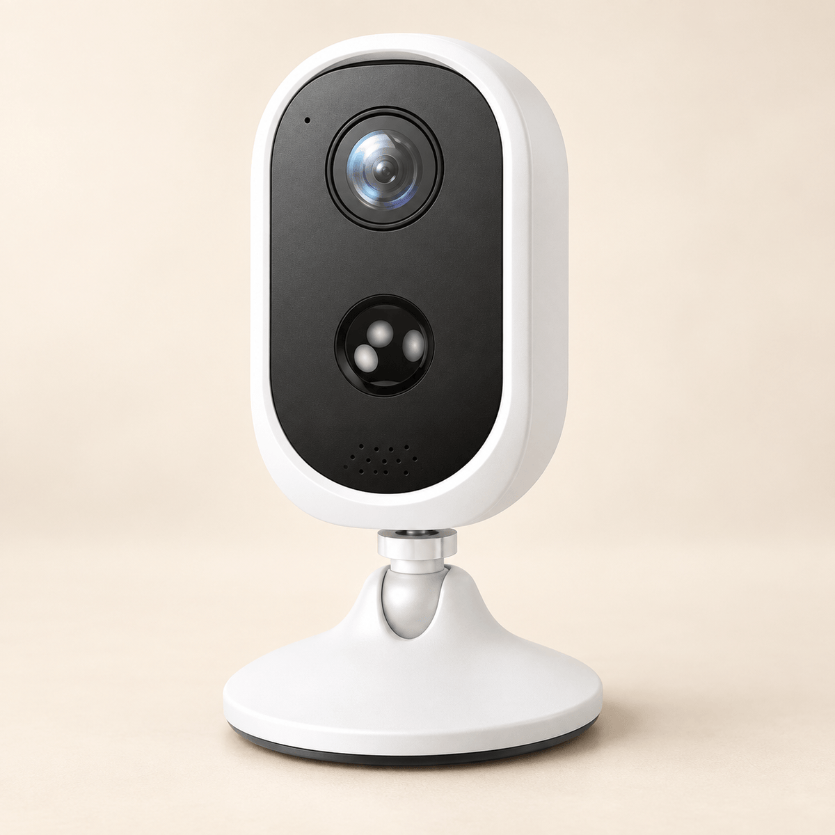 Rechargeable white and black camera with stand on a neutral ivory background
