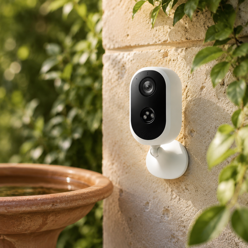 Rechargeable outdoor garden camera mounted beside a bird bath