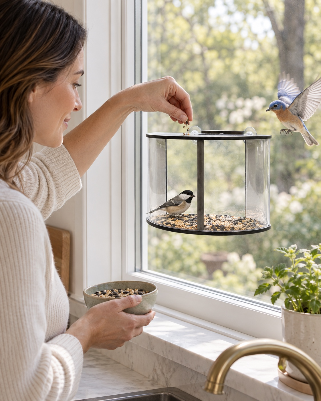 Illustrative scene of a woman beside the round window feeder with black rim