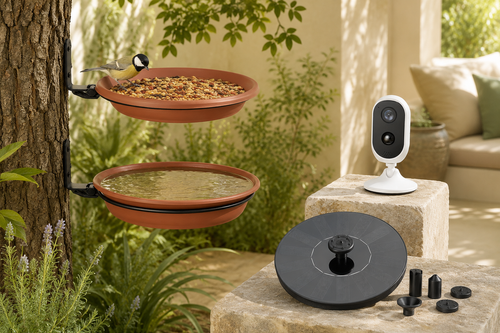 Smart bird bath, outdoor camera and solar fountain bundle