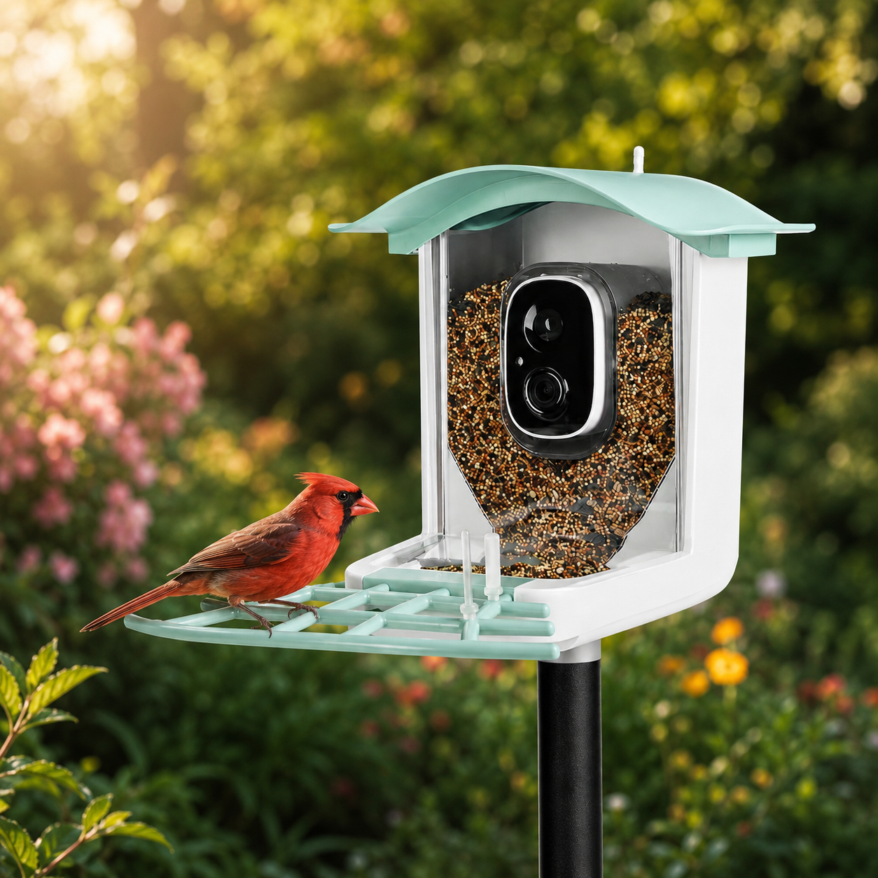Solar camera bird feeder with cardinal