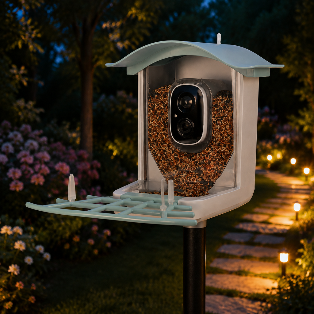 Solar camera bird feeder evening view