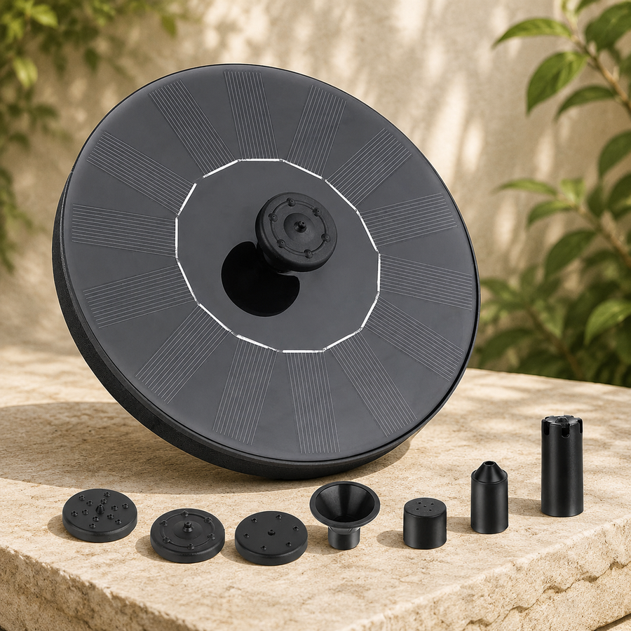 Solar fountain disc and nozzle accessories on a premium garden stone surface