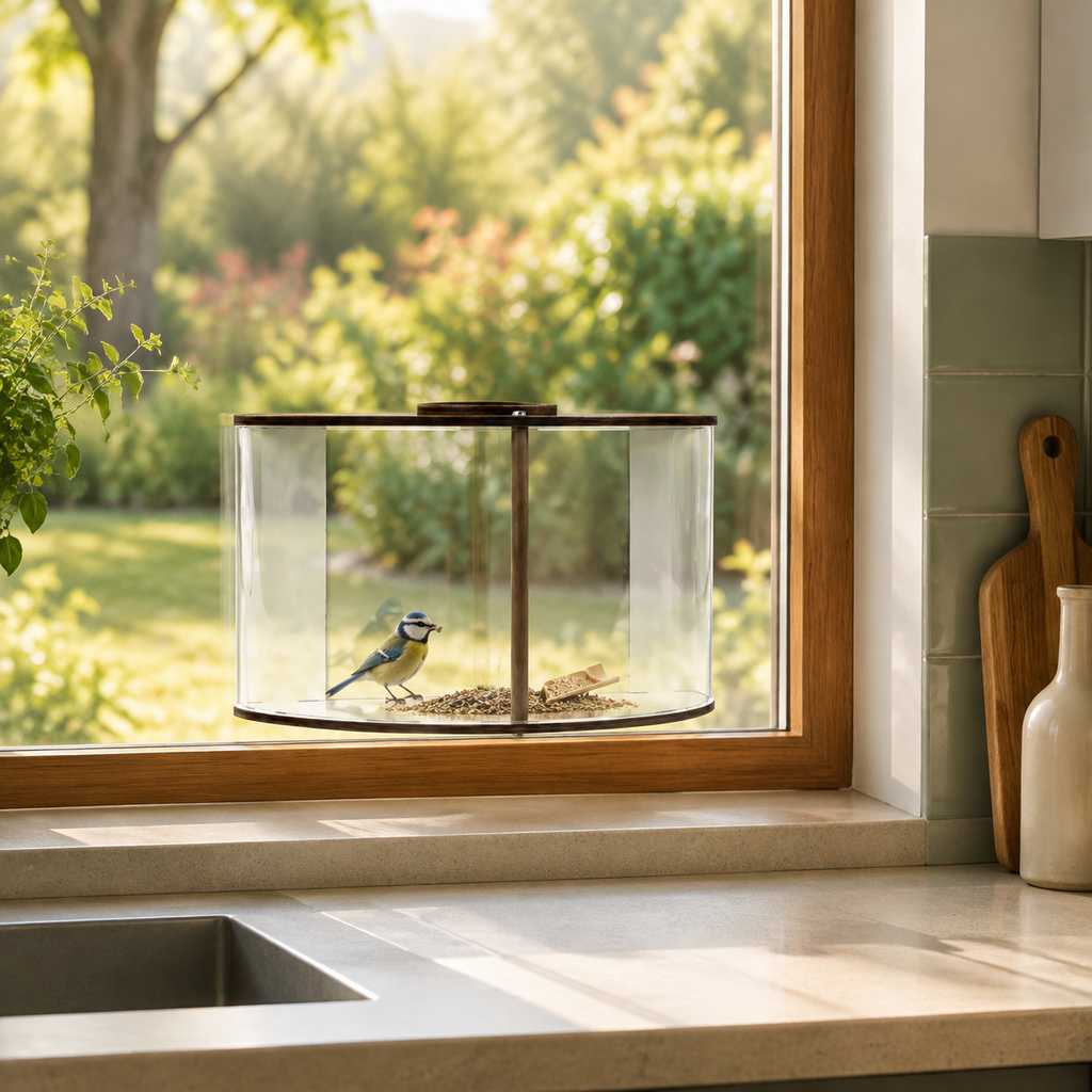Indoor window bird feeder in a kitchen window