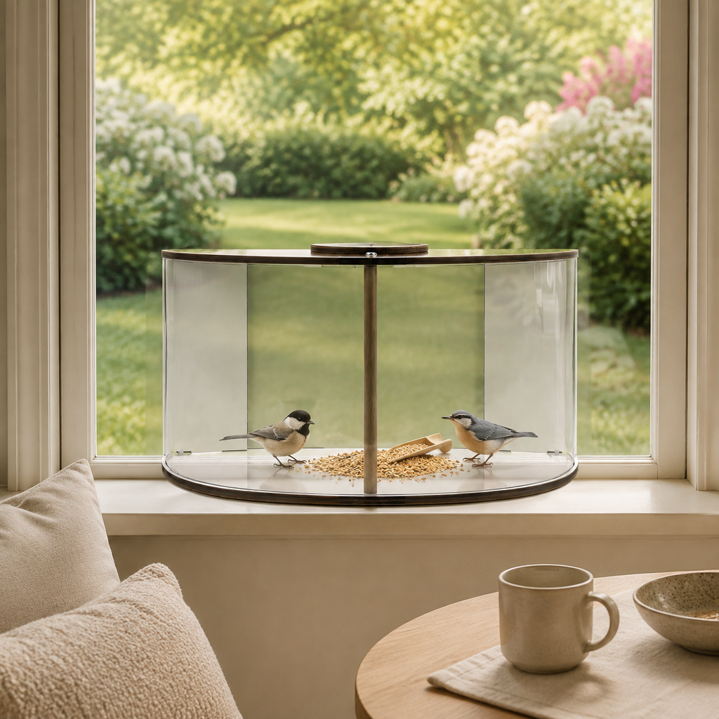 Indoor window bird feeder in a breakfast nook